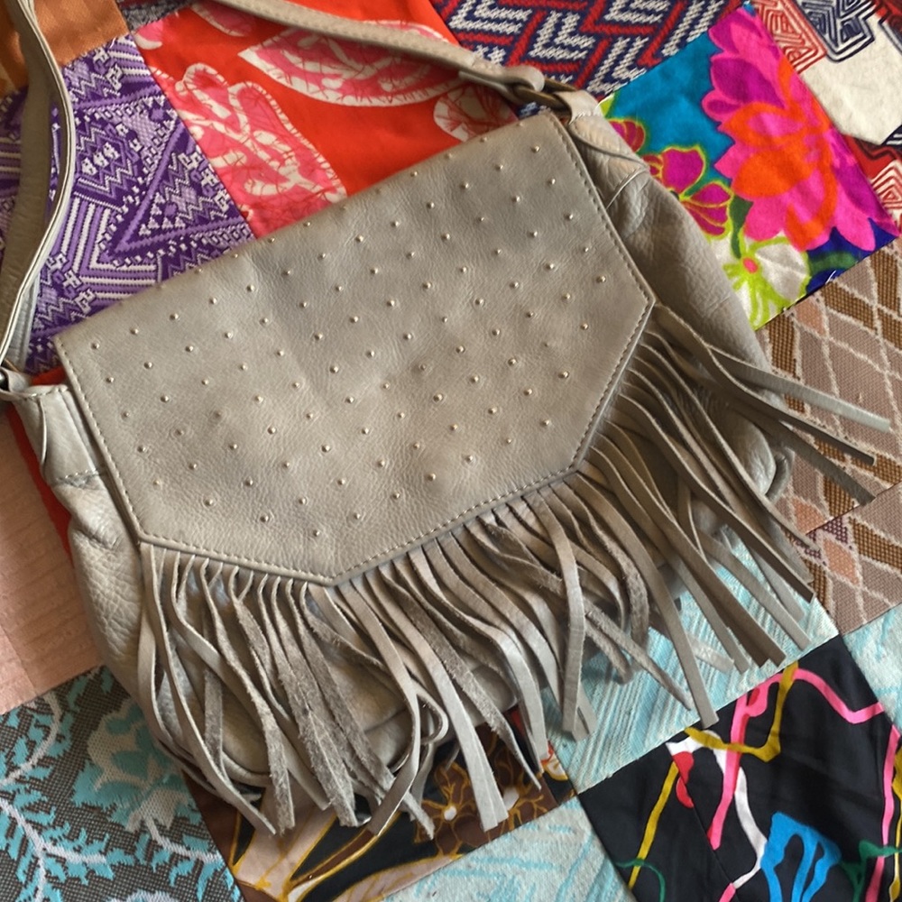 DAY & MOOD Anthropologie Parker Leather Studded Fringe Crossbody Bag Grey EUC